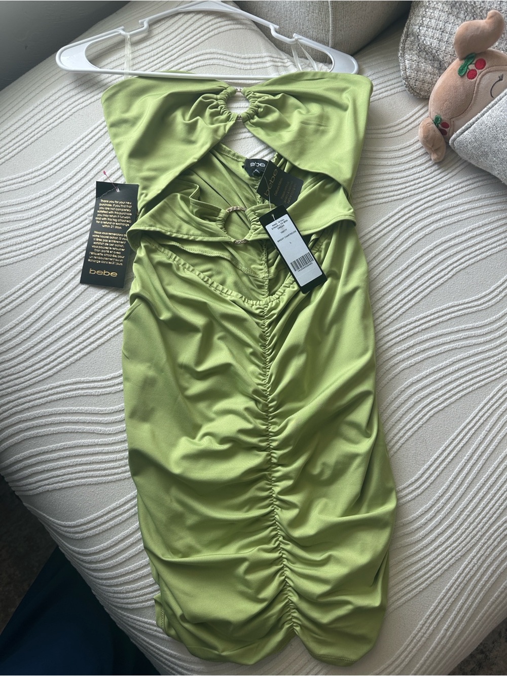bebe Chartreuse Strapless Ruched Ring-Accent Midi Dress